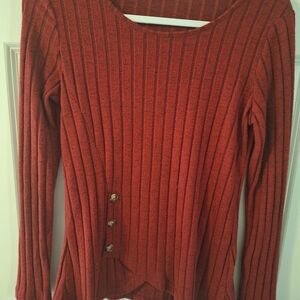 Ribbed Red Long Sleeve Top with Buttons